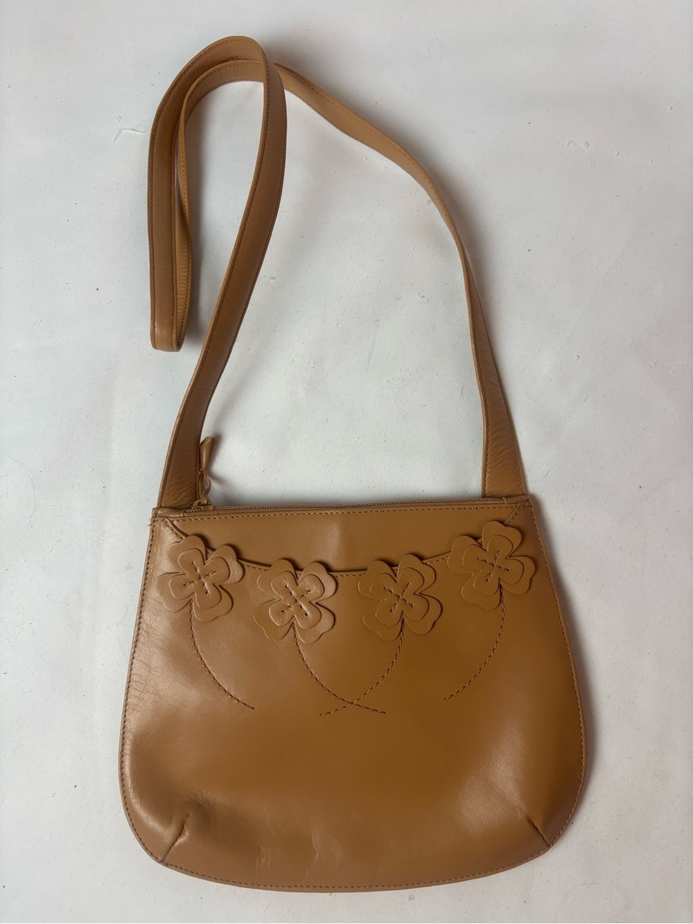 Etienne Aigner Beige Leather Crossbody Bag Floral Appliqué Top Stitch